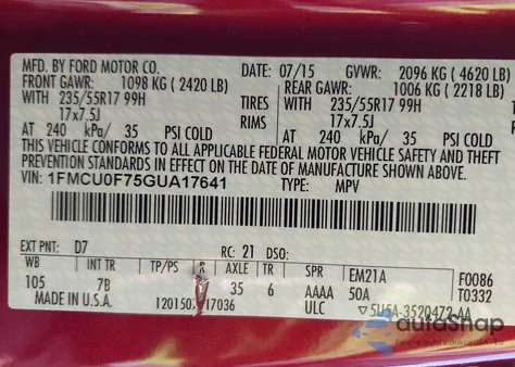 2016 Ford Escape S from USA, damaged, VIN 1FMCU0F75GUA17641